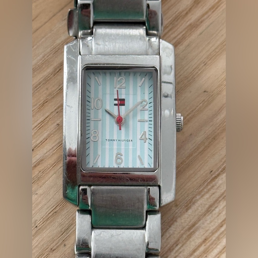 Tommy Hilfiger Curvex Vintage Ladies Watch Teal White Striped Dial Stainless